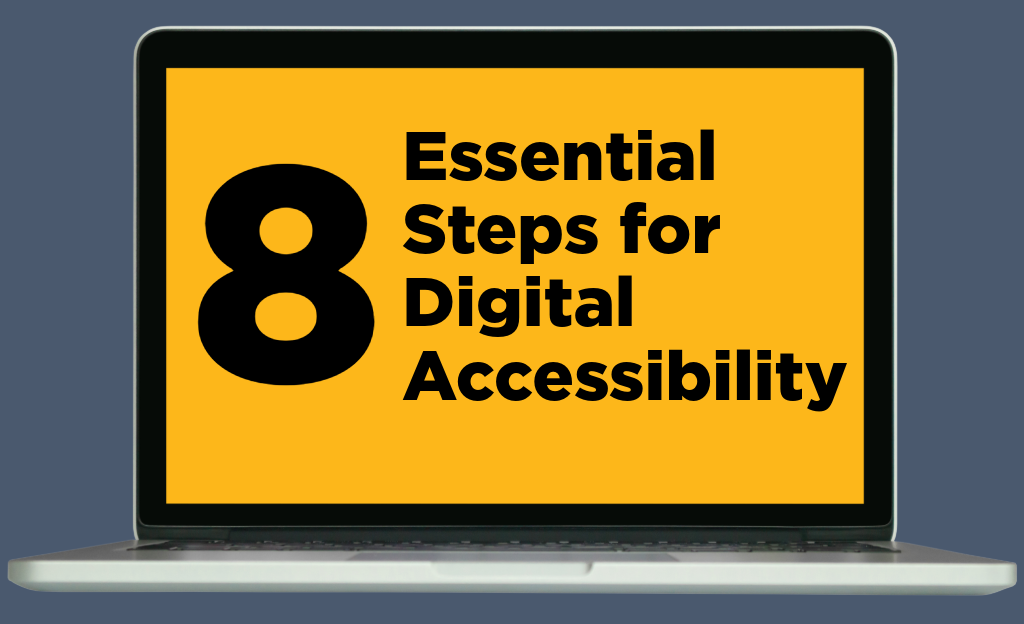 Laptop screen displaying 8 essential steps for digital accessibility